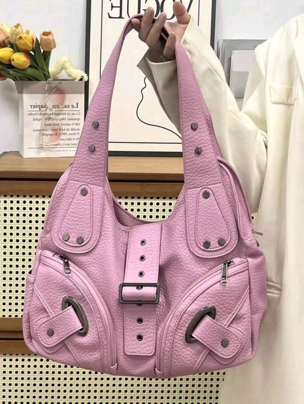 Stylish Pink Leather Shoulder Bag - Soft Pink Women's Handbag